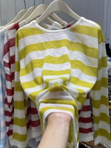 Summer New Style Womens Loose Casual Long Sleeve round Neck Striped T-shirt Backless Cross Design Polyester Fiber Top