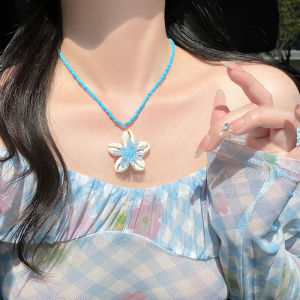 สร้อยคอลูกปัดสีฟ้าดอกไม้หอยลายลมทะเลสไตล์วันหยุดชายหาดสำหรับผู้หญิง โซ่กระดูกไหปลาร้าหวานๆ เครื่องประดับแฟชั่นฤดูร้อน