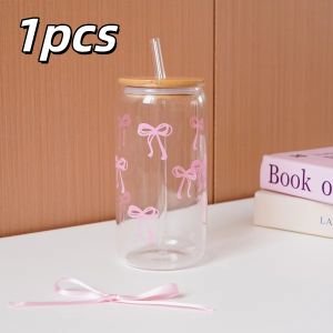 1/2pcs Pink Bow Glass Cup with Bamboo Wood Lid and Straw Reusable Bow Aesthetic Cup for Drinking Coffee Tea Milk Picnic Party