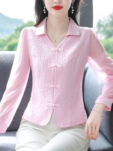 Chinese Style Embellished Collar Blouse Long Sleeve Shirt