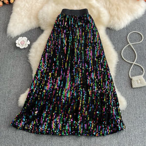 Spring Autumn High Waist Slimming Midi Knee-Length A-Line Skirt Fashionable Elastic Waist Shiny Sequins Wide Hem Half Body Skirt