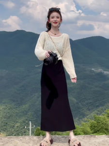 Early Autumn Fashion Design Knitted Hollow out Long Sleeve Slimming Half Skirt Two Piece Set Womens Style Commute Wear