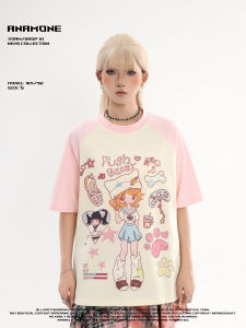 ANAMONE Sweet Milk Series Cartoon Short Sleeve T-Shirt Womens Loose Top Summer Patchwork Color Japanese Style Pink Cotton
