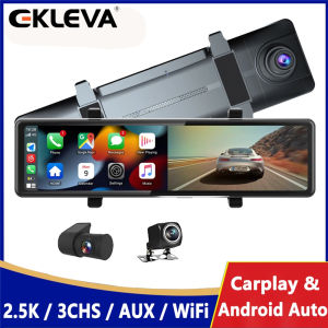 EKLEVA 12 Inch 3 Channel 4K Dashcam Apple Carplay & Android Auto Support AUX Portable Rearview Mirror Camera Built in WIFI
