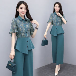 Fashionable Versatile Womens Summer Slimming Wide Leg Pants Two Piece Set Small Size Polo Collar Button up Polyester Blend