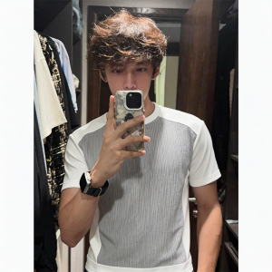 OUMULONG | Color Block Shoulder-fit Textured Streetwear T-shirt