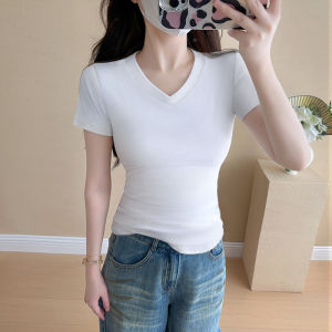 miiow | Slim Fit Pure Cotton Short Sleeve V Neck T Shirt Womens Summer New Style Base Layer Shirt Tight Waist Inward Design Top