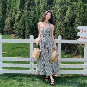 French Vintage Plaid Strapless Dress Womens Summer New Style High Quality Slimming Holiday Long Dress Korean Style A-Line Skirt