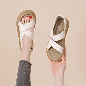 รองเท้าแตะส้นเตี้ยแบบสวมสำหรับผู้หญิง ทรงหัวมน ด้านบนทำจากหนังวัวสองชั้น พื้นรองเท้ายาง ส้นสูงปานกลาง รองเท้าแตะแบบสวมสบาย