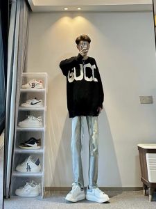 Retro American High Street Mens Jeans with Sashes Casual Straight Loose Long Trousers Trendy Youth Autumn Spring Fashion