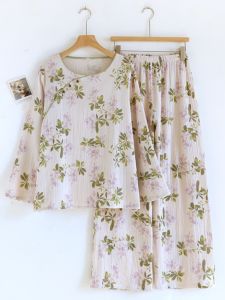 New Chinese Style Pure Cotton Gauze Sleepwear Ladies Overhead Nine Sleeve Nine Pants Home Clothes Set Comfortable Casual Home Scene