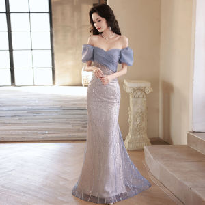 Blue Fishtail Evening Dress for Women Banquet Annual Meeting Niche Style Classy off-Shoulder Daily Party Wearable Bride Evening Gown
