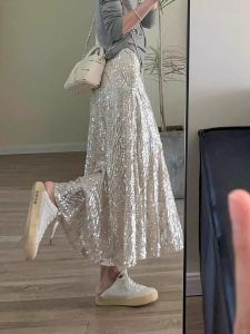 Váy Dài Chữ a Màu Bạc Thanh Lịch Cho Nữ Mùa Thu Đông Mới Váy Đuôi Cá Lấp Lánh Dài Đến Giữa Bắp Chân Váy Midi Màu Trơn