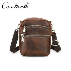 CONTACTS Crazy Horse Leather Male Waist Pack Phone Pouch Bags Waist Bag Mens Small Chest Shoulder Belt Bag