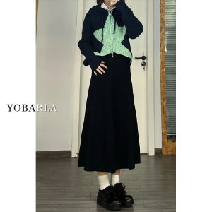 Black Woolen A-Line Midi Skirt Womens plus Size Hiding Hip Pear Shape Body Slimming Mid-Length Umbrella Skirt