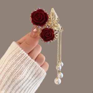 Kẹp tóc hoa hồng nữ tính sau đầu kẹp tóc tiểu thư tua rua Hàn Quốc