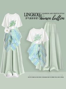 NUMEN BUTTON | Casual Laid-back Style Set Womens Gingham Shirt Short Sleeve T-Shirt and Wide Leg Pants 3pcs