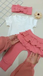 Kayleen Oneset Bandana - Setelan Baju Bayi Pendek Celana Panjang Ruffle Free Headband Bando SNI Maybee Kids Mybee