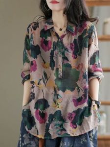 Loose Cotton Linen Shirt Womens Autumn Floral Print Design Casual Large Size Open Cardigan Style Apple Shape Sandglass Shape Pear Shape