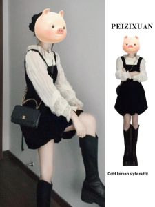 PEIZIXUAN | Đầm Thu Đen Phong Cách Pháp cho Phụ Nữ Bé Nhỏ Set