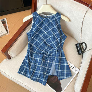 French Vintage Blue ลายสก็อต แขนกุด ผู้หญิง เสื้อกั๊ก ฤดูร้อน ไม่เท่ากัน Slit เอว Designtop Jacket หวาน สไตล์ สลิมฟิต ผ้าฝ้าย 100%