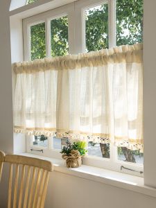 New Arrival Light Transmission Nontransparent Japanese Style Cotton Linen Mesh Curtains Half Curtain Short Curtain Kitchen Bay Window Balcony Shading Non-Perforated Curtains
