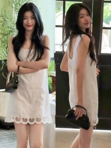 French Style White Linen Sleeveless Dress Womens Summer 2025 New Hollow out Short Skirt One-Piece Dress Elegant City Commute