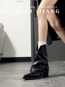 Leather Version! Pointed Toe Chunky Heel Versatile Pants Knight Boots Women 2024 New Black Motorcycle Style Early Autumn Short Boots
