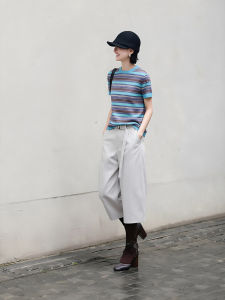 BOGUDU | Summer Simple Color Stripe Top & Gray Pants Outfit
