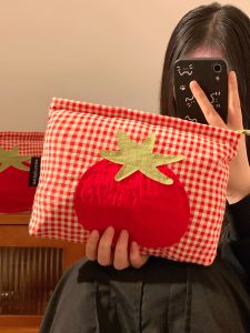 XINDONGXINGQIU | Cute Red Grid Portable Large Capacity Makeup Bag