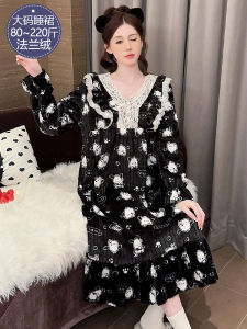 plus Size Coral Fleece Sleepwear Womens Thickened Flannel Cartoon Pachat Dog Home Clothes V-neck Long Sleeve Mid-length Dress