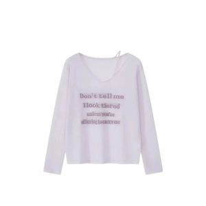 YUEZHONGWEI | Pink V-Neck Long Sleeve T-Shirt Women Summer Thin Layer Outerwear Loose Air Conditioning Shirt Top Silk Letter Print Casual Commute Style