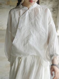 Original Design Cotton Linen Loose Fit Shirt Slanting Flounce Stand Collar Vintage Style Summer New Arrival Womens Top