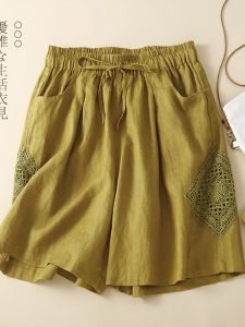 Cotton Linen Short Pants Womens Summer Thin Linen Trousers High Waist Wide Leg Five-Quarter Length plus Size Casual Pants