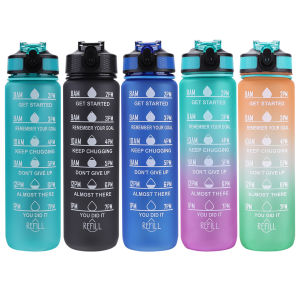 1000ml Sports Water Bottle Leakproof Fitness Cups Straw Water Bottle with Time Scale for Fitness Cycling