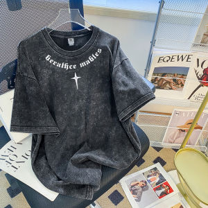 Washed Purple Pure Cotton Short Sleeve T-Shirt Boys Summer American High Street Retro Fashion Brand Hip Hop Casual Trendy Tops