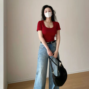 Red Slim Fit Short Sleeve T-Shirt Womens Summer Vintage Spicy French Collar Square Neck Base Shirt Top U-Neck Korean Style