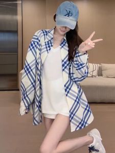 Korean Style Checks Shirt Womens Autumn Professional Commuting New Unique Super Beautiful Top Coat Long Sleeve Cotton Polo Collar