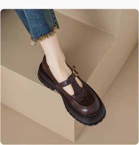 Goatskin Version Artsy Vintage Leather Shoes Chunky Heel Platform Mary Jane Shoes Leather round Head High Heel JK Uniform Flats Women