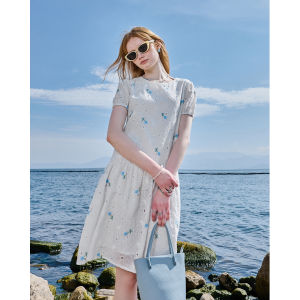 KUHNMARVIN | Đầm A-Line Tay Ngắn Thêu Nặng 100% Cotton