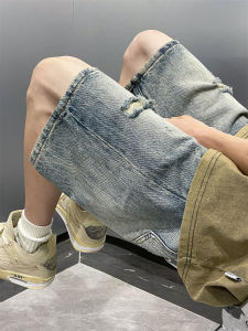 กางเกงขาสั้นยีนส์ขาดๆ ทรงหลวม ทรงตรง 5 จุด ทรงลำลอง สไตล์ย้อนยุค กางเกงขาสั้นผู้ชาย ฤดูร้อน ใหม่ เทรนด์ใหม่