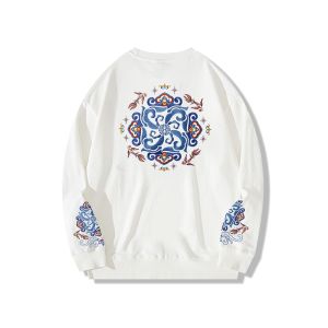 High-End Guangzhou Thirteenth Factory Blue-and-White Porcelain Embroidered Sweatshirt Heavy Industry Mens Large Size Top