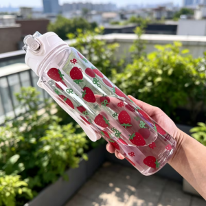 750ML Cute Strawberry Floral Cherry Bow Tumbler One-Button Pop-Up Lid Straw Cup with Handle for Travel Sports Leak-Proof Bottle