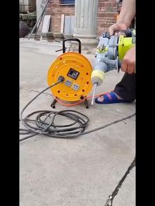 "Heavy-Duty Cable Reel with Three 5-Outlet Sockets – Portable Power Supply for Construction Drills Saws and Electric Vehicles – Pure Copper Metal Cable Drum with Leakage Protection Overload Insurance and Reinforced Insulation for Outdoor Use"