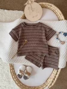 Summer Kids Baby Girls Boys Brown Short Sleeve Striped Top Tees +shorts Pants Infant Cute Clothing Set 0-3Y
