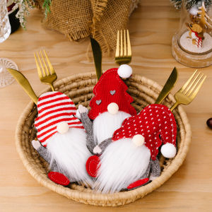 Christmas Cutlery Holder Gnome Ornaments Felt Cloth Plush Knife Fork Pocket Bag Faceless Dwarves Tableware Cover Xmas Decoration