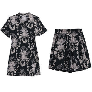 Chiffon New Chinese Style Short Sleeve National Style Suit Ink Dyed Tight Waist Slim Looking Mid Length Long Length Tops Trendy Shorts Two-piece Set Women