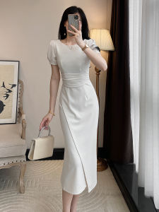 ชุดเดรสยาวคอปกสีขาวสไตล์ฝรั่งเศสหรูหราสำหรับผู้หญิงในช่วงฤดูร้อน ชุดเดรสยาวเอวสูงทรงเอคอปกแขนสั้น