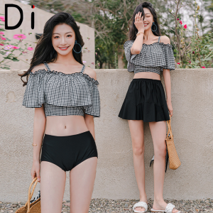 Missy Missy Three-Piece Bikini One-Shoulder Thermal Spring Swimwear Plaid Ruffle Edge Slimming Vintage Checkered Bikini