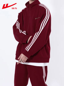 เสื้อสเวตเตอร์คอปกบุขนแกะแบบมีซิปสำหรับผู้ชายและผู้หญิง ฤดูใบไม้ผลิ ฤดูใบไม้ร่วง ฤดูหนาว ปีงู ชุดกีฬาสองชิ้นสีแดง